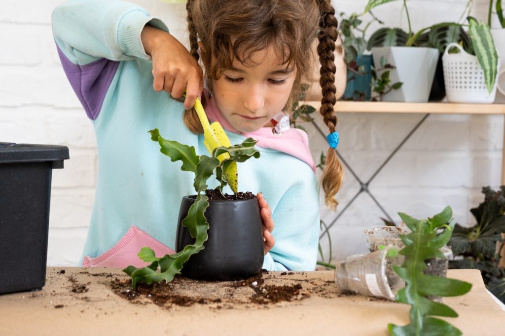 Niña participando en un taller de jardinería infantil plantando flores